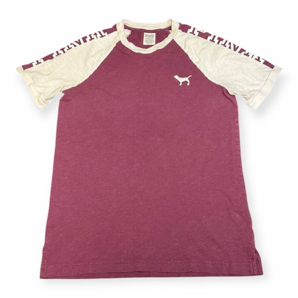 PINK VICTORIA’S SECRET Women’s Burgundy Cream Raglan Dog Logo Tee Size XS